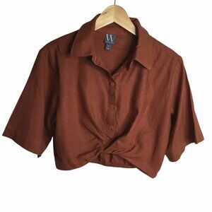 WORTHINGTON Terrracotta Poplin Crop Top Short Sleeve Button Front Side Zip M